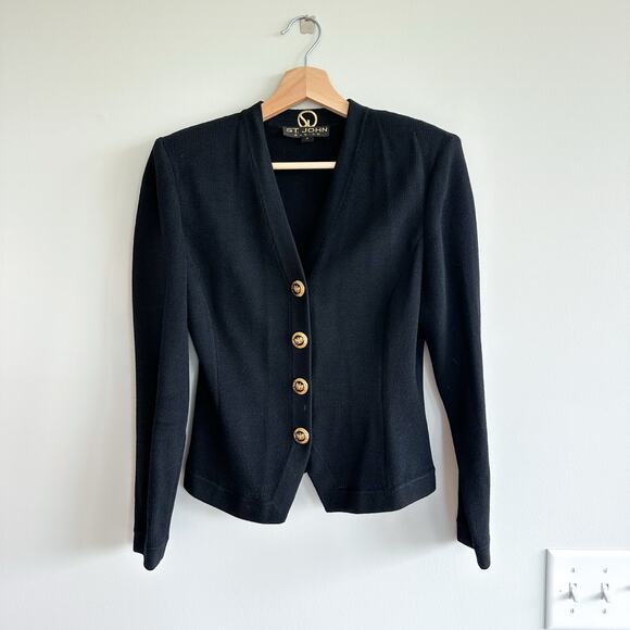 Vintage ST. JOHN Basics Knit Gold Button Front Shoulder Pad Blazer Black S - Picture 1 of 7